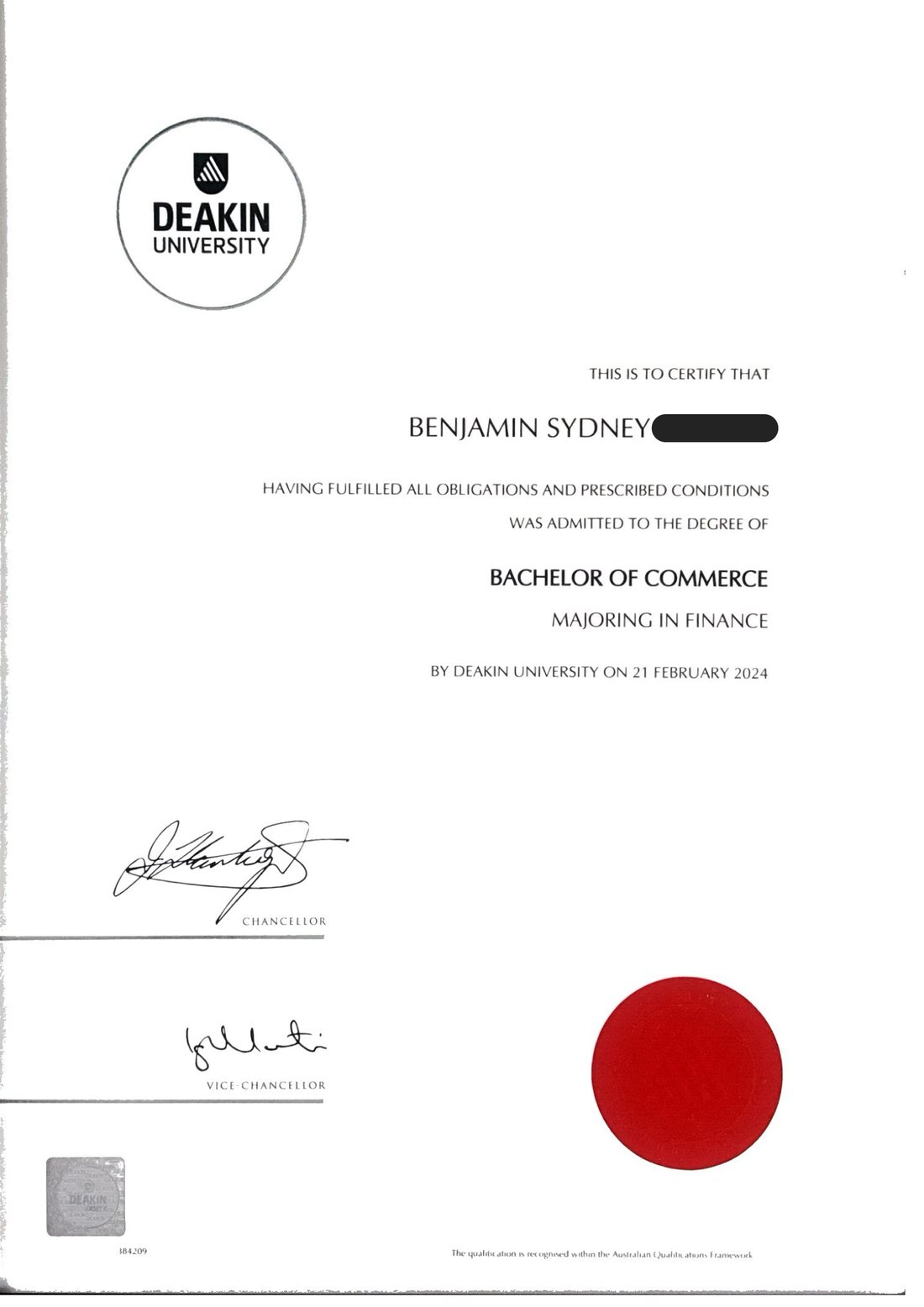 Bachelor of Commerce majoring in Finance, Deakin University, conferred 21 February 2024
