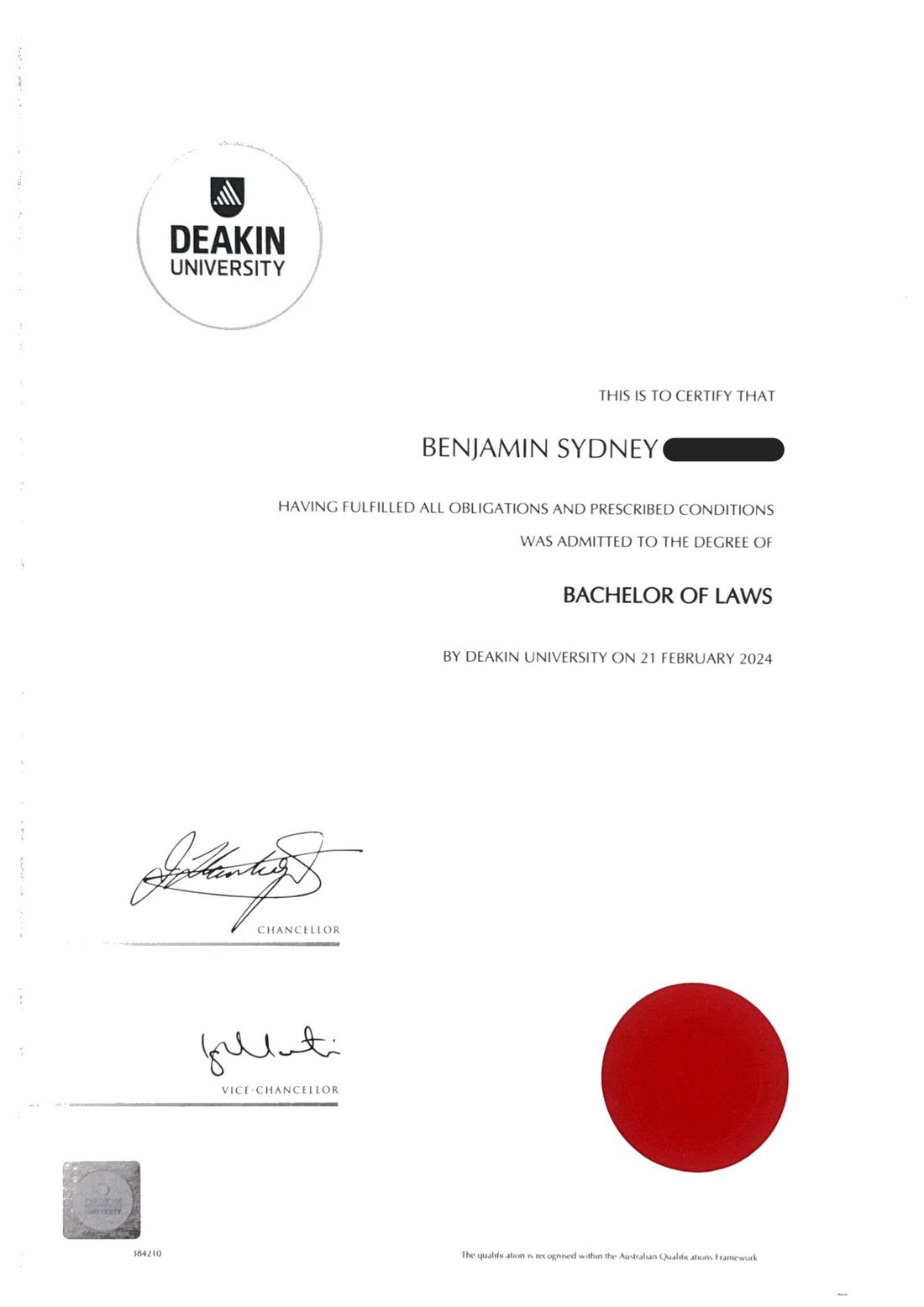 Bachelor of Laws, Deakin University, conferred 21 February 2024